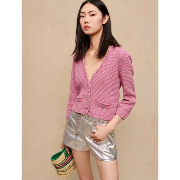 💕MAJE💕 Tweed Effect Knit Cardigan ~ Pink Size FR 1 = US Small NWOT - Picture 3 of 16